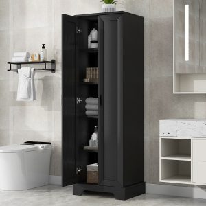 586879619 Armario de almacenamiento con dos puertas para baño, oficina, estante ajustable, tablero MDF, negro