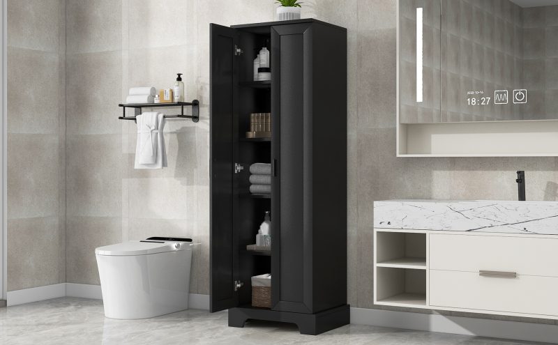 586879619 Armario de almacenamiento con dos puertas para baño, oficina, estante ajustable, tablero MDF, negro