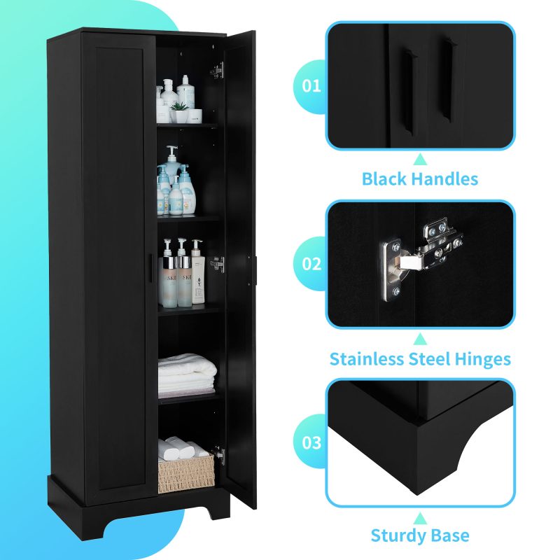 586879637 Armario de almacenamiento con dos puertas para baño, oficina, estante ajustable, tablero MDF, negro