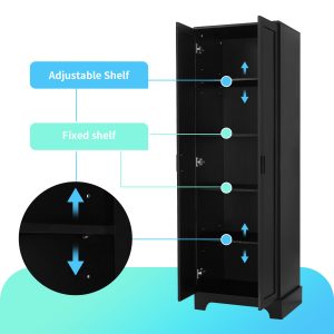 586879629 Armario de almacenamiento con dos puertas para baño, oficina, estante ajustable, tablero MDF, negro