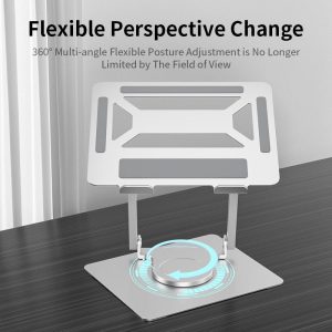Soporte de aluminio para portátil y refrigeración; diseño de doble poste, plegable y con rotación continua de 360 ​​grados.