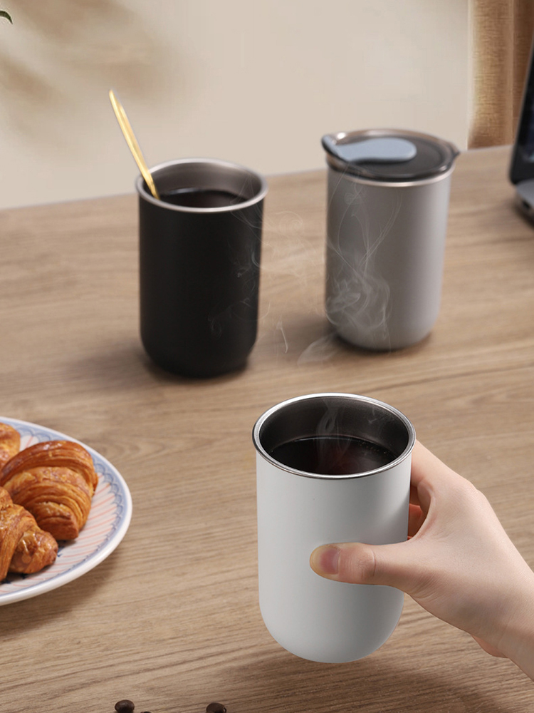 Taza de café estilo Ins, taza de agua portátil de acero inoxidable con tapa para trabajador de oficina en casa y oficina nórdica