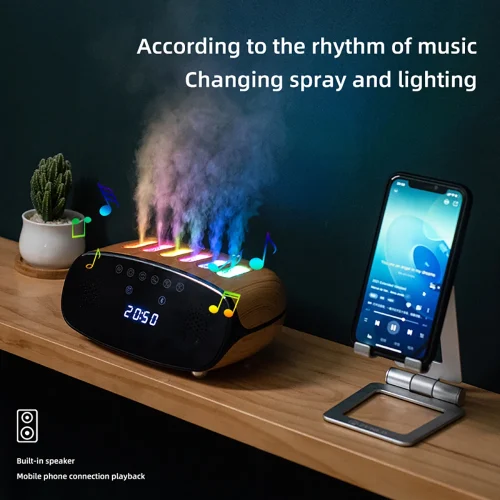Humidificador con reloj musical, luz de volcán colorida, temporizador para dormitorio, hogar, Yoga, oficina, humidificador con llama, esencial ultrasó