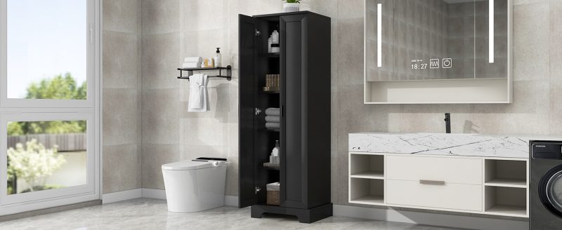 586879622 Armario de almacenamiento con dos puertas para baño, oficina, estante ajustable, tablero MDF, negro