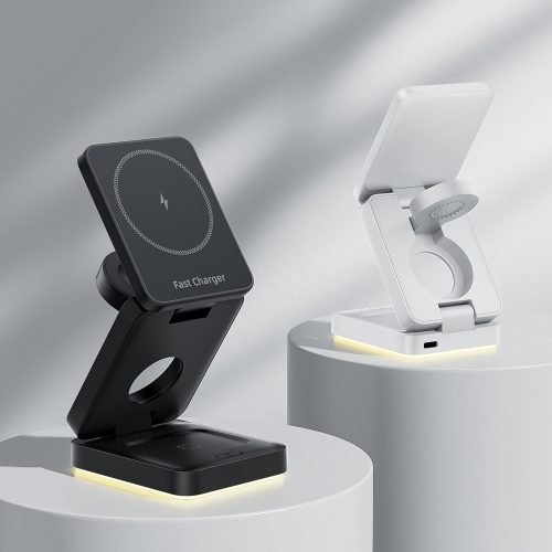 Cargador Inalámbrico Magnético 3 en 1 Plegable para iPhone, Adaptador de Corriente, Base de Carga y Soporte