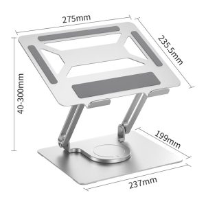 Soporte de aluminio para portátil y refrigeración; diseño de doble poste, plegable y con rotación continua de 360 ​​grados.