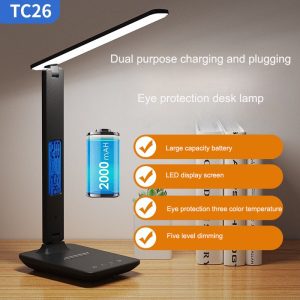586879598 Reloj despertador plegable, visualización de la hora, aprendizaje, lectura, negocios, oficina, luz ajustable, lámpara de escritorio con protección par