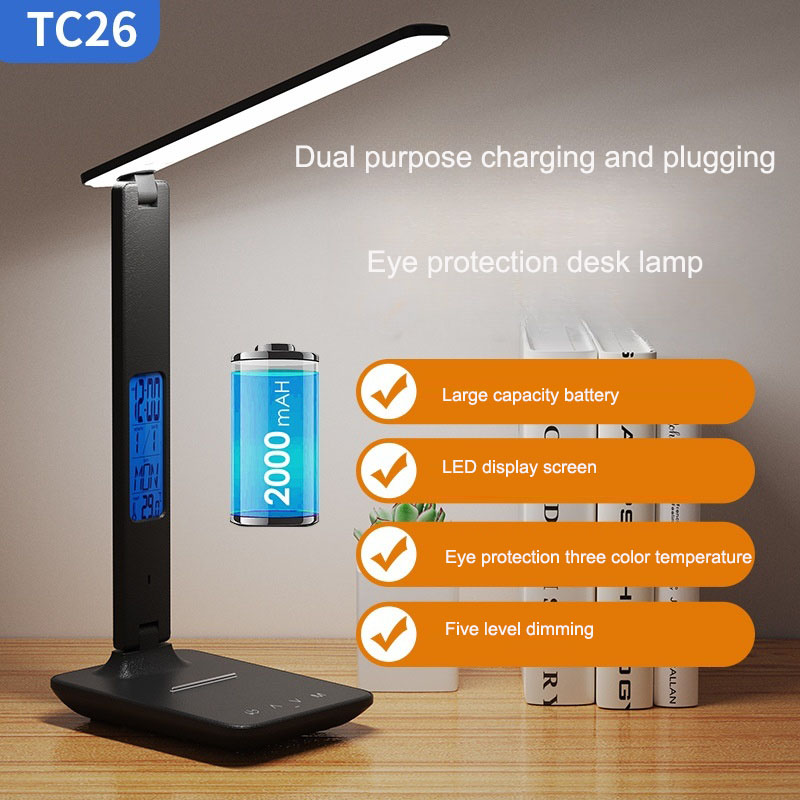 586879598 Reloj despertador plegable, visualización de la hora, aprendizaje, lectura, negocios, oficina, luz ajustable, lámpara de escritorio con protección par