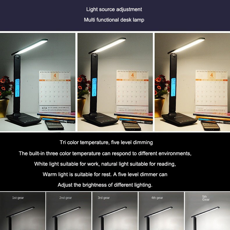 586879601 Reloj despertador plegable, visualización de la hora, aprendizaje, lectura, negocios, oficina, luz ajustable, lámpara de escritorio con protección par
