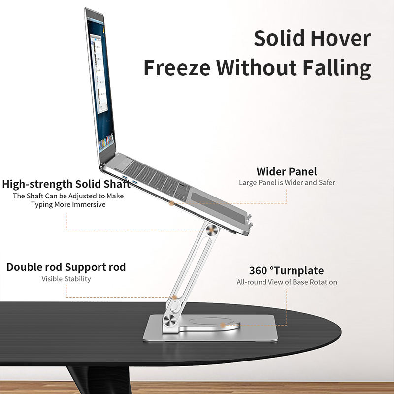 Soporte de aluminio para portátil y refrigeración; diseño de doble poste, plegable y con rotación continua de 360 ​​grados.